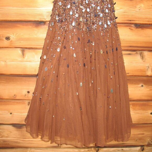 MAC DUGGAL 24018 Womens Brown  Flutter Sleeve Sheer Top Beaded Dress - Picture 10 of 14
